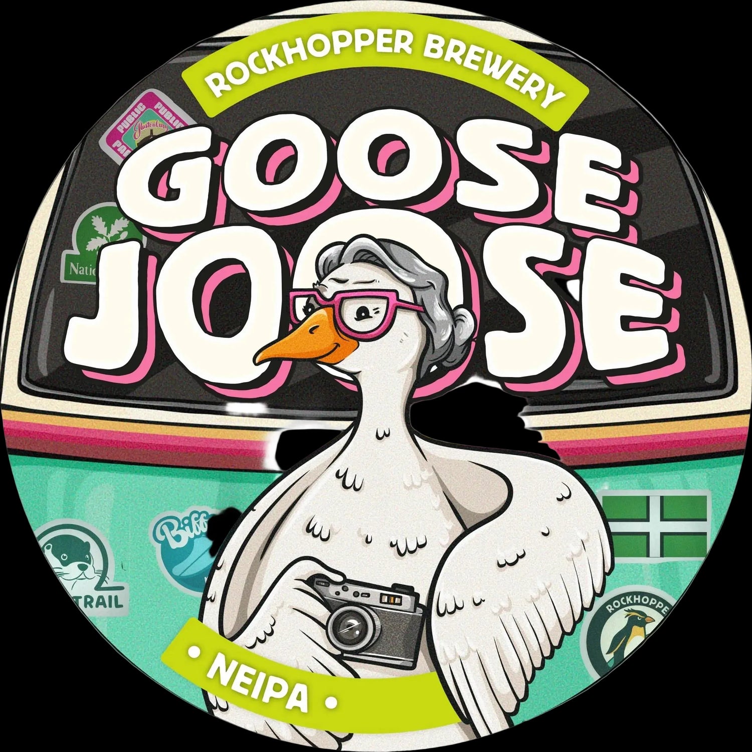 A circular beer label design for Goose Goose by Rockhopper Brewery, featuring a white goose wearing pink glasses and holding a camera, with the words 'GOOSE GOOSE' in large white letters outlined in pink over a dark background. The label also includes a turquoise lower section with small logos and the text 'NEIPA'.